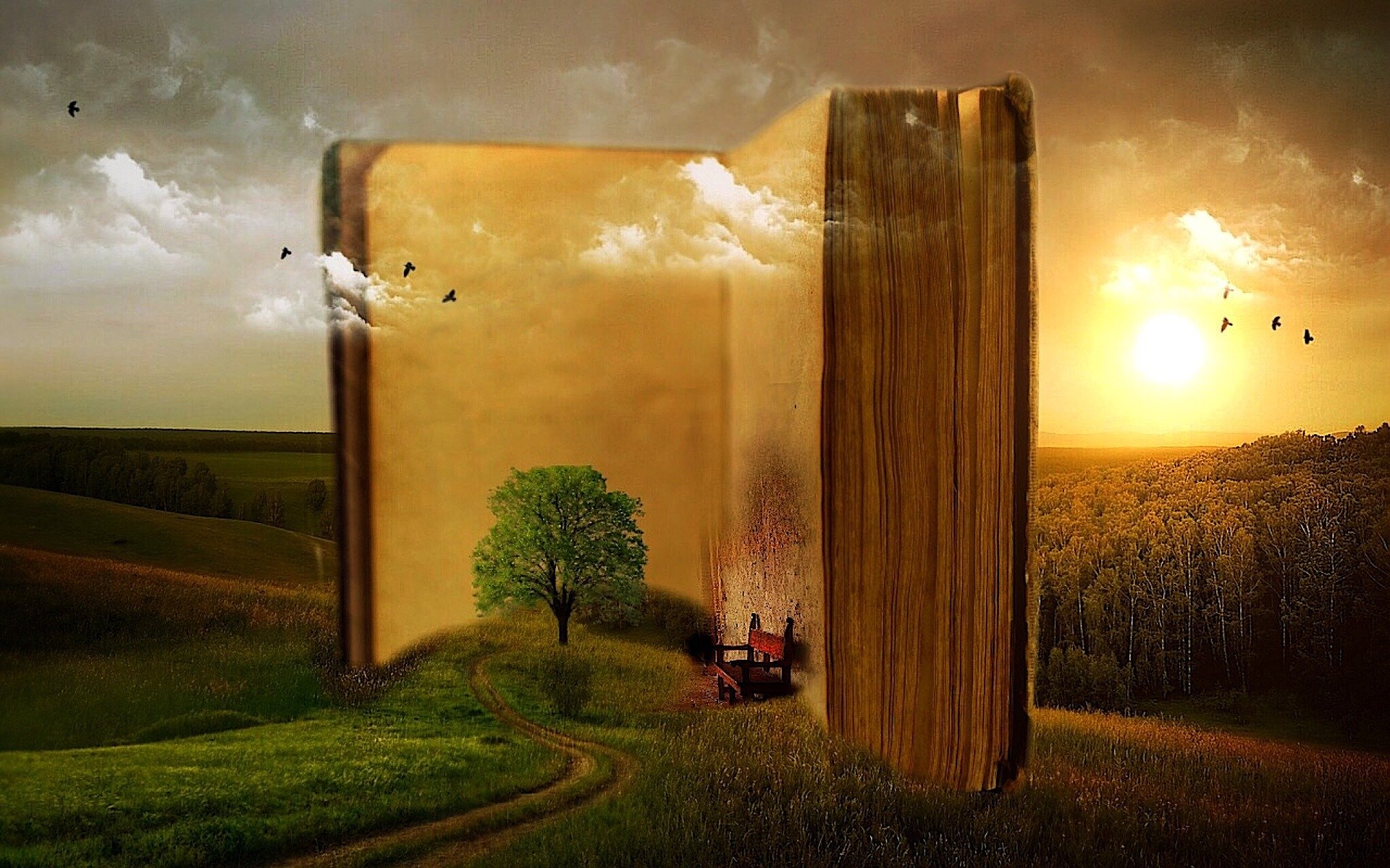 Surrealist painting of a book in landscape